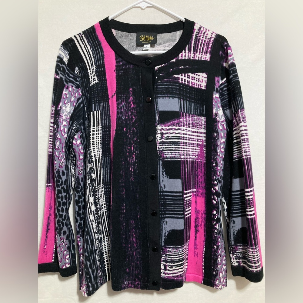 Women’s Bob Mackie Wearable Art Cardigan Sweater Pink/Black Button Size L Rayon